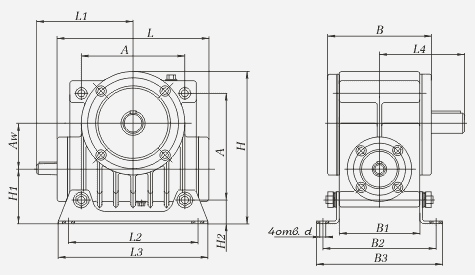 Габаритные и установочные размеры редуктора 2Ч-40