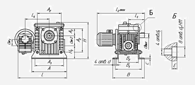 Габаритные размеры редукторов 2МЧ: МЧ2-40/63М1, МЧ2-40/80М1